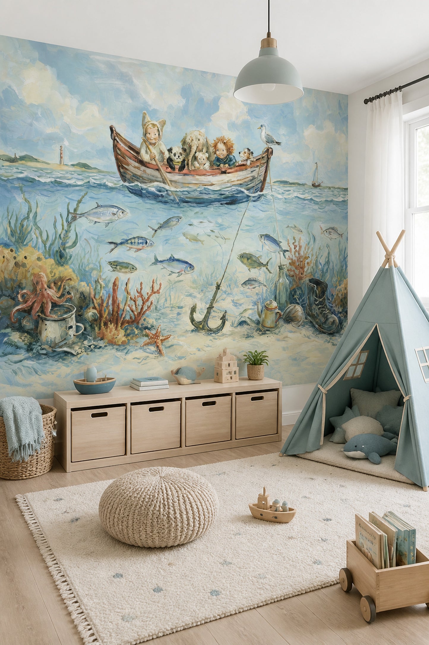 Adventure Ocean Wall Mural Coastal Nursery Decor Illustrated Kids Room Mural
