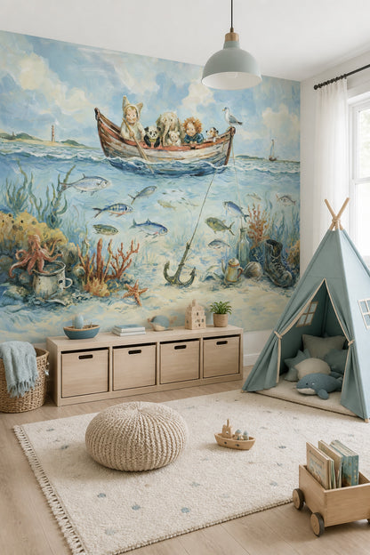 Adventure Ocean Wall Mural Coastal Nursery Decor Illustrated Kids Room Mural