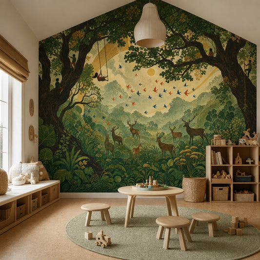 Enchanted Woodland Forest Wall Mural Storybook Deer Nature Landscape Luxury Decor