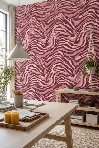 Burgundy Zebra Wallpaper Tonal Animal Print Wavy Stripe Pattern