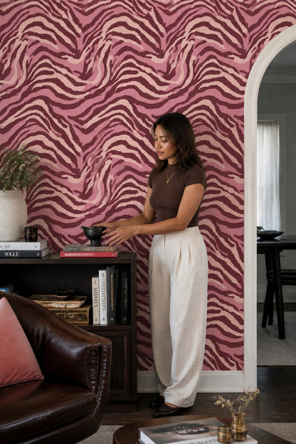 Burgundy Zebra Wallpaper Tonal Animal Print Wavy Stripe Pattern