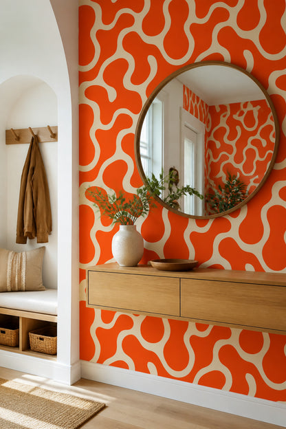 Retro Abstract Wallpaper Organic Shape Pattern Orange Mod Decor