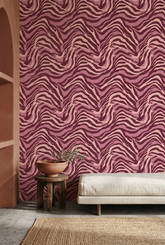 Burgundy Zebra Wallpaper Tonal Animal Print Wavy Stripe Pattern