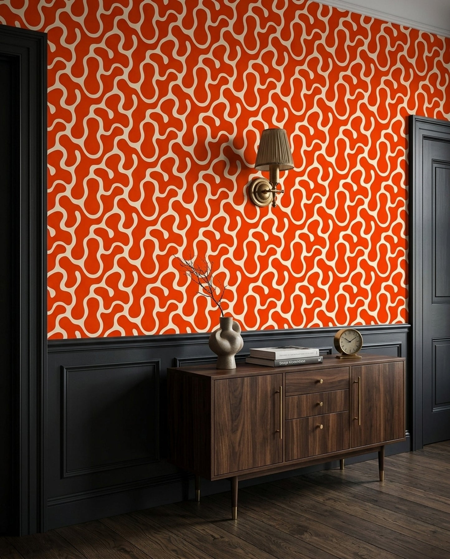 Retro Abstract Wallpaper Organic Shape Pattern Orange Mod Decor