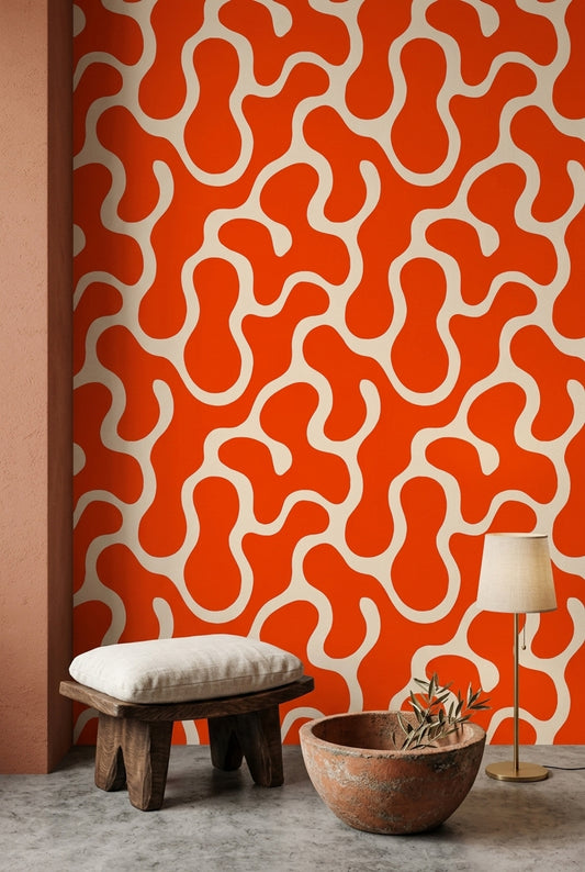 Retro Abstract Wallpaper Organic Shape Pattern Orange Mod Decor