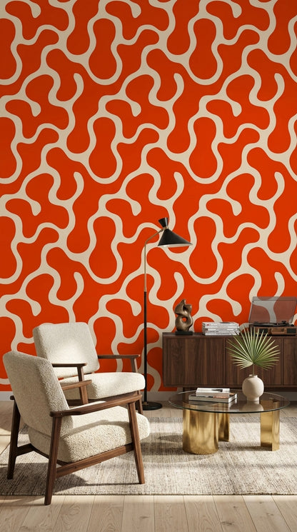 Retro Abstract Wallpaper Organic Shape Pattern Orange Mod Decor