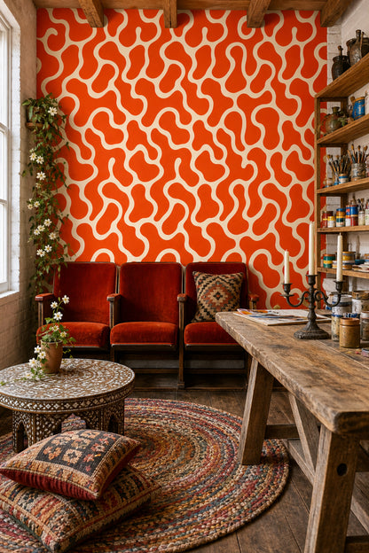 Retro Abstract Wallpaper Organic Shape Pattern Orange Mod Decor