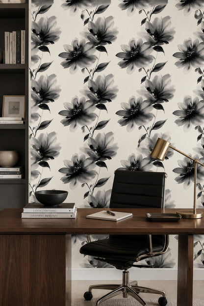 Black Floral Wallpaper Modern Botanical Neutral Statement Wall Decor