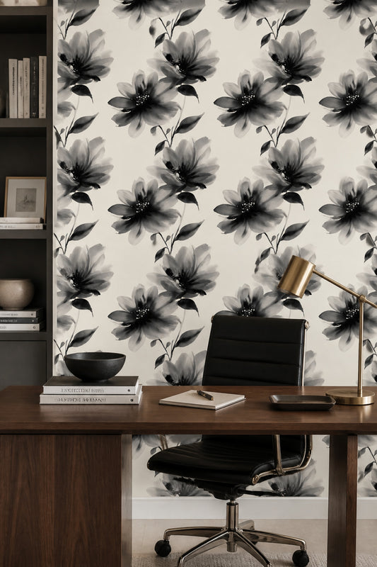 Black Floral Wallpaper Modern Botanical Neutral Statement Wall Decor