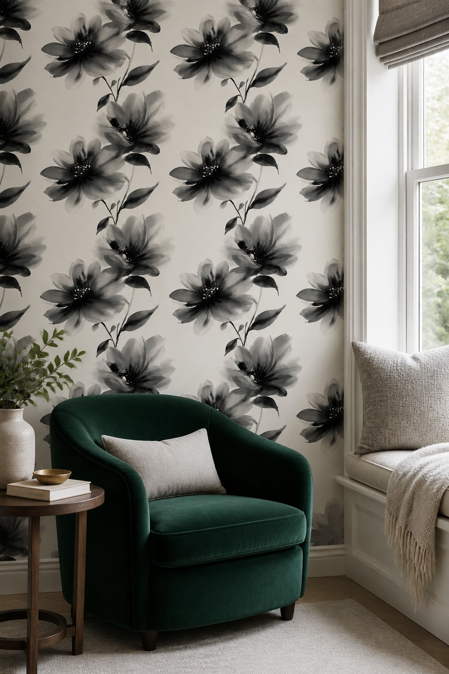 Black Floral Wallpaper Modern Botanical Neutral Statement Wall Decor