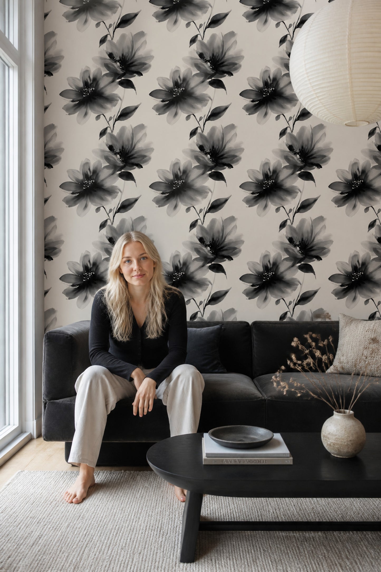 Black Floral Wallpaper Modern Botanical Neutral Statement Wall Decor