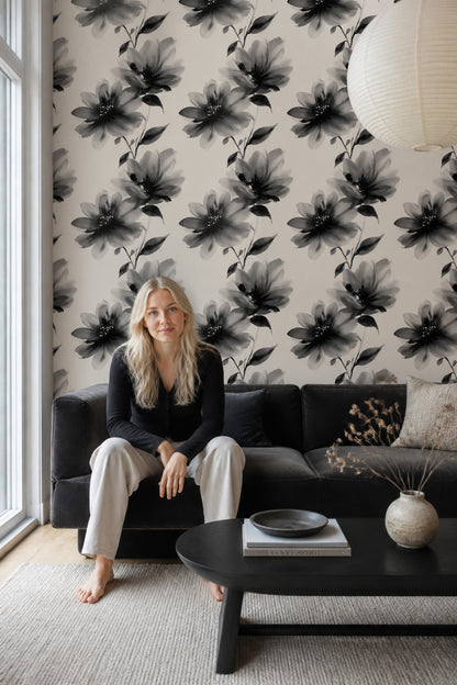 Black Floral Wallpaper Modern Botanical Neutral Statement Wall Decor