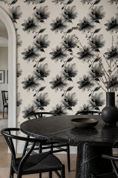 Black Floral Wallpaper Modern Botanical Neutral Statement Wall Decor