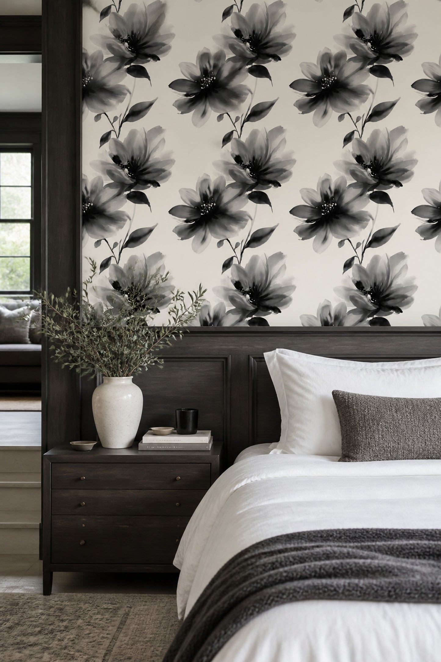 Black Floral Wallpaper Modern Botanical Neutral Statement Wall Decor