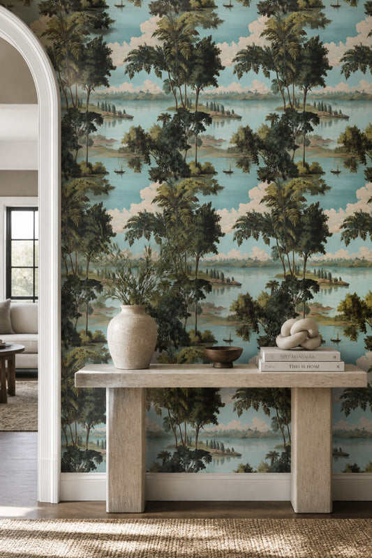 Vintage Scenic Landscape Wallpaper French Country Lake Estate Wall Decor
