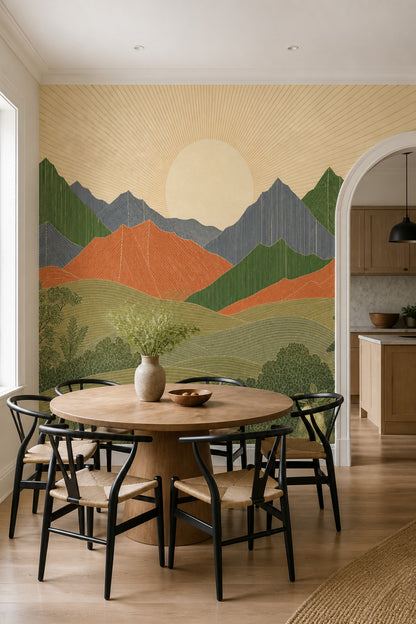 Mid Century Modern Mountain Mural Scandinavian Sunrise Landscape Wall Decor