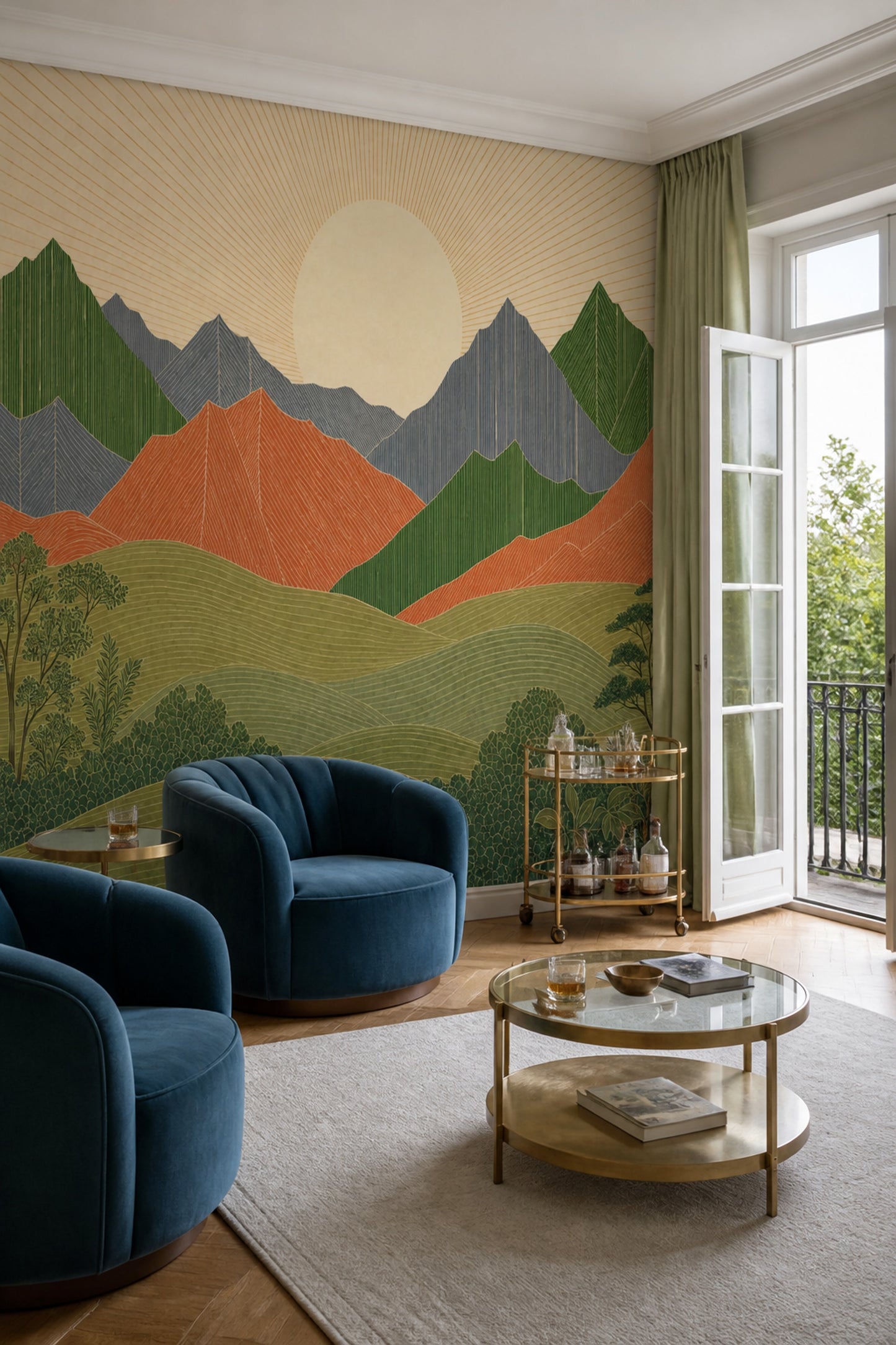 Mid Century Modern Mountain Mural Scandinavian Sunrise Landscape Wall Decor