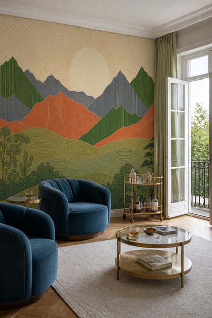 Mid Century Modern Mountain Mural Scandinavian Sunrise Landscape Wall Decor