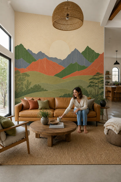 Mid Century Modern Mountain Mural Scandinavian Sunrise Landscape Wall Decor