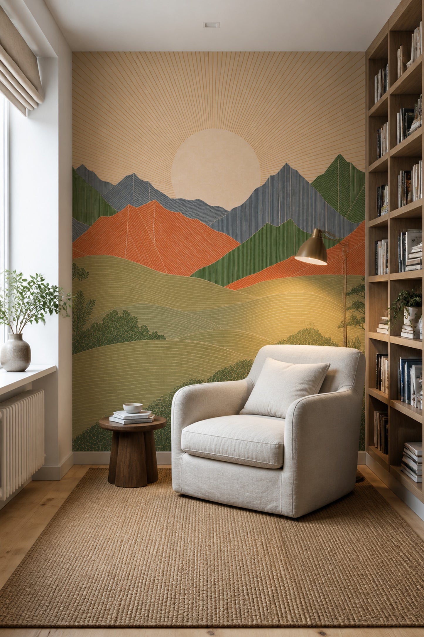 Mid Century Modern Mountain Mural Scandinavian Sunrise Landscape Wall Decor