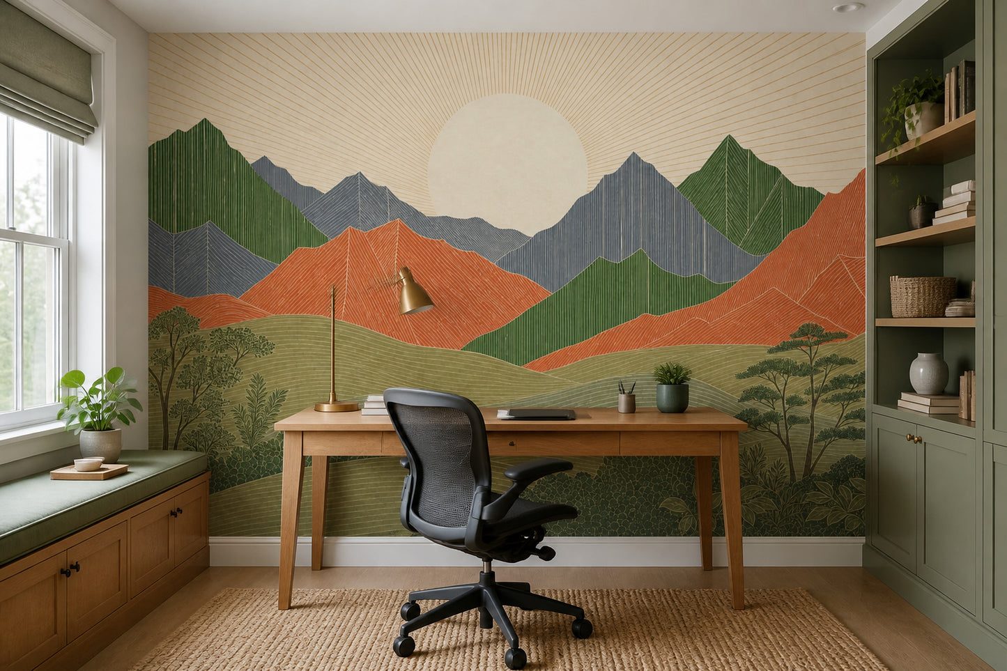Mid Century Modern Mountain Mural Scandinavian Sunrise Landscape Wall Decor