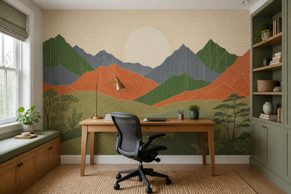 Mid Century Modern Mountain Mural Scandinavian Sunrise Landscape Wall Decor