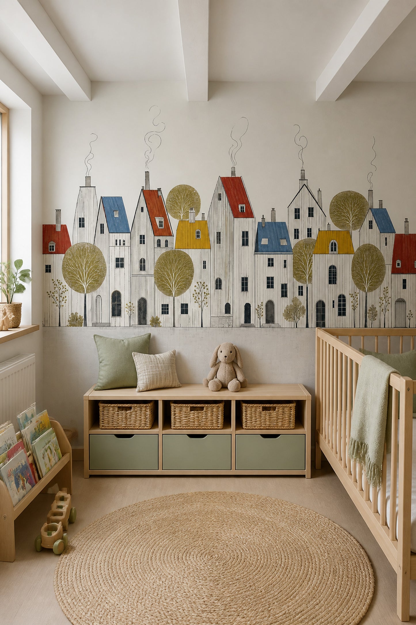 Scandinavian Village Wall Mural Nordic Town Illustration Minimal Architectural Landscape