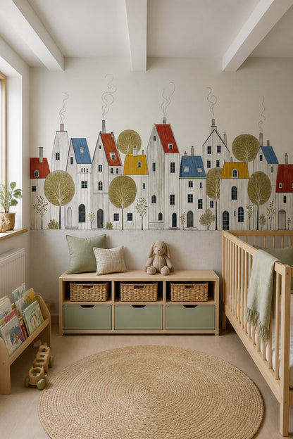 Scandinavian Village Wall Mural Nordic Town Illustration Minimal Architectural Landscape