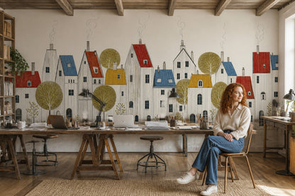 Scandinavian Village Wall Mural Nordic Town Illustration Minimal Architectural Landscape