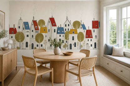 Scandinavian Village Wall Mural Nordic Town Illustration Minimal Architectural Landscape