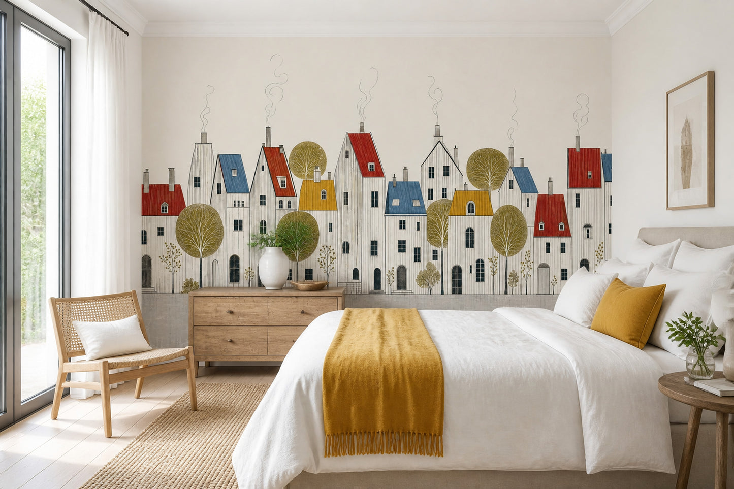 Scandinavian Village Wall Mural Nordic Town Illustration Minimal Architectural Landscape