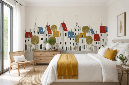 Scandinavian Village Wall Mural Nordic Town Illustration Minimal Architectural Landscape