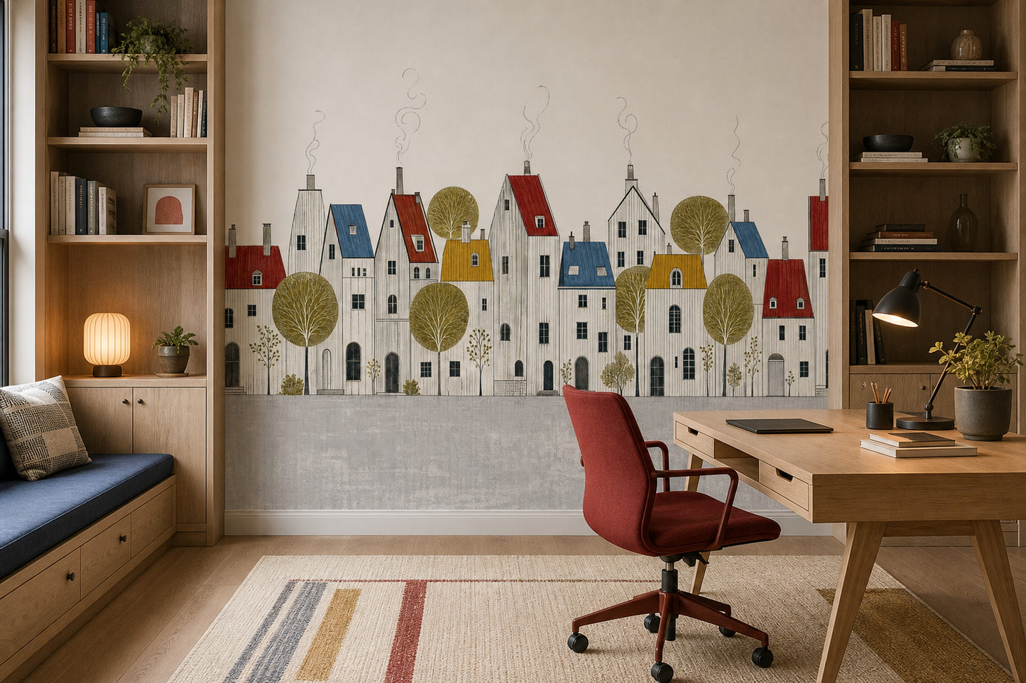 Scandinavian Village Wall Mural Nordic Town Illustration Minimal Architectural Landscape