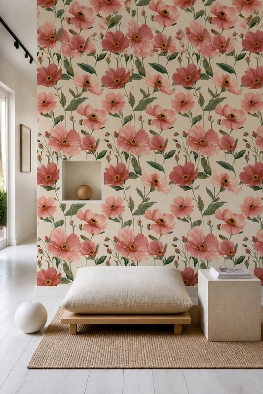 Pink Botanical Wallpaper Soft Floral Pattern Romantic Cottage Home Decor