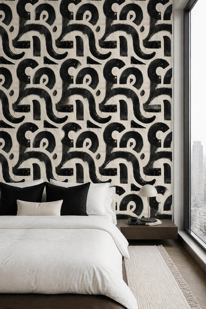 Brushstroke Abstract Wallpaper Black Cream Modern Organic Pattern Decor