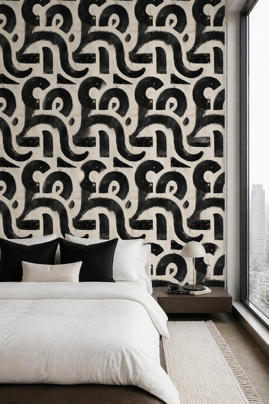 Brushstroke Abstract Wallpaper Black Cream Modern Organic Pattern Decor