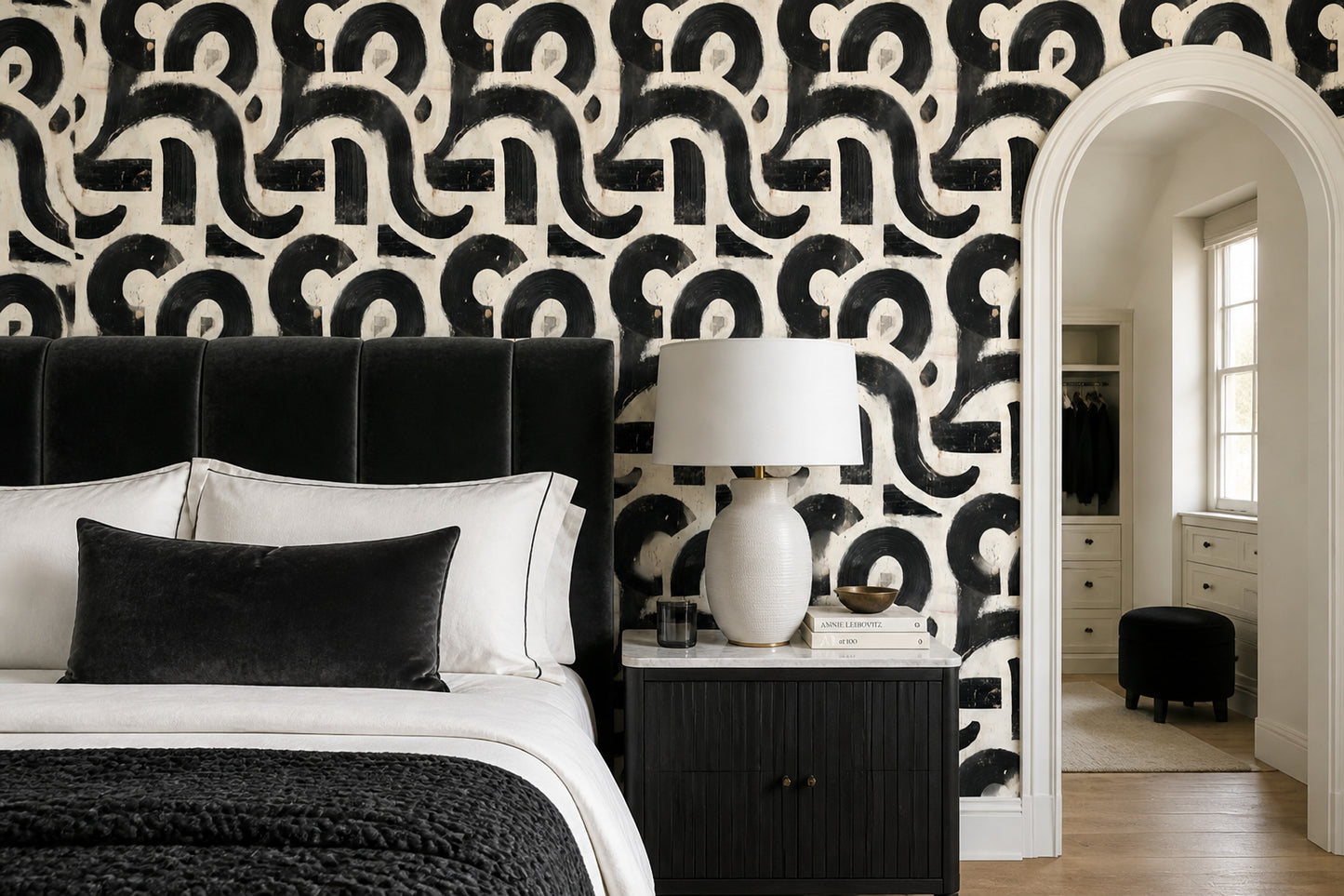 Brushstroke Abstract Wallpaper Black Cream Modern Organic Pattern Decor