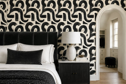 Brushstroke Abstract Wallpaper Black Cream Modern Organic Pattern Decor