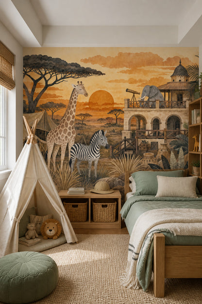 Luxury Safari Lodge Wall Mural African Savanna Giraffe Zebra Adventure Landscape