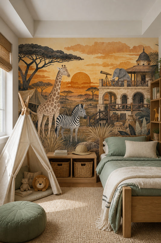 Luxury Safari Lodge Wall Mural African Savanna Giraffe Zebra Adventure Landscape