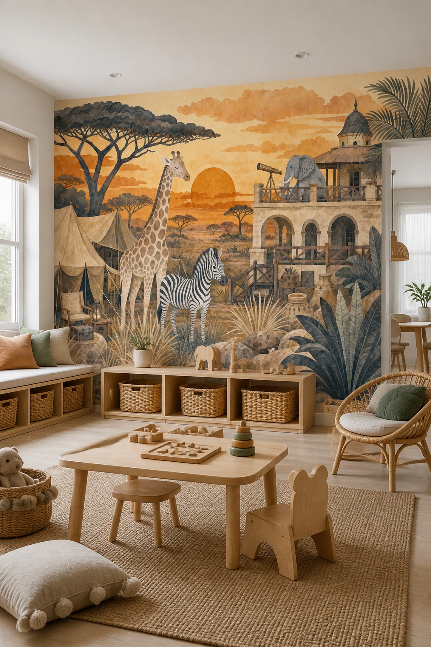 Luxury Safari Lodge Wall Mural African Savanna Giraffe Zebra Adventure Landscape