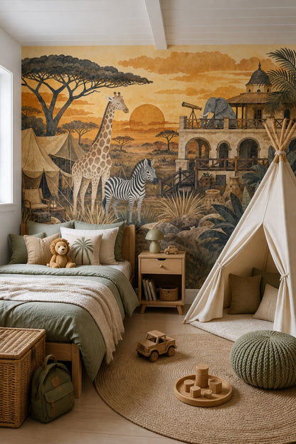 Luxury Safari Lodge Wall Mural African Savanna Giraffe Zebra Adventure Landscape