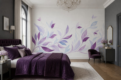 Botanical Wall Mural Purple Leaf Landscape Organic Modern Nature Wall Decor