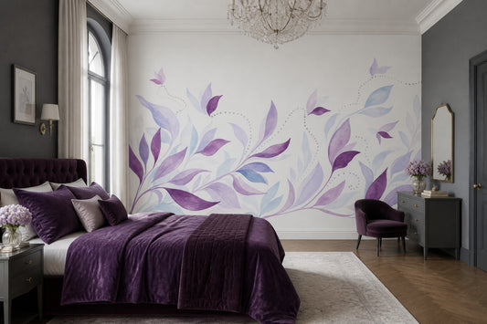 Botanical Wall Mural Purple Leaf Landscape Organic Modern Nature Wall Decor