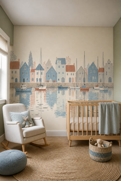 Harbor Town Wall Mural Coastal Sailboats Pastel Village Watercolor Landscape