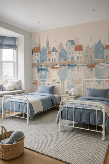 Harbor Town Wall Mural Coastal Sailboats Pastel Village Watercolor Landscape