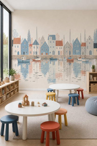 Harbor Town Wall Mural Coastal Sailboats Pastel Village Watercolor Landscape