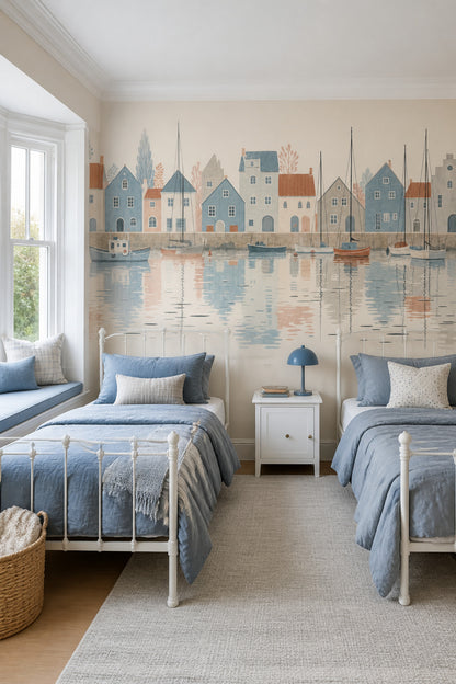Harbor Town Wall Mural Coastal Sailboats Pastel Village Watercolor Landscape