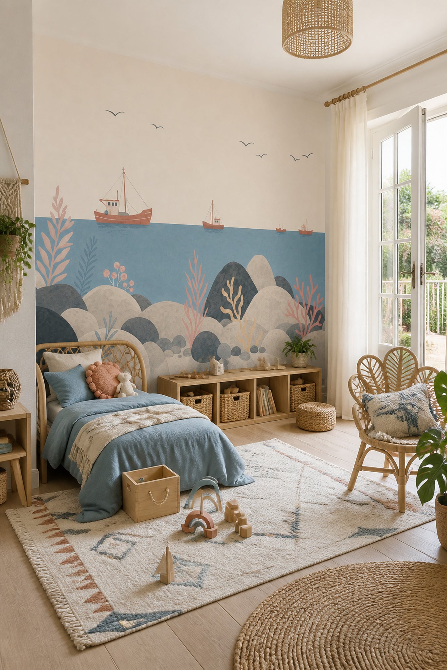 Coastal Wall Mural Fishing Boat Ocean Kids Room Decor