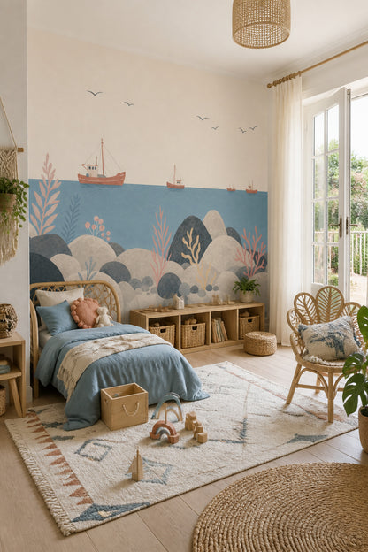 Coastal Wall Mural Fishing Boat Ocean Kids Room Decor